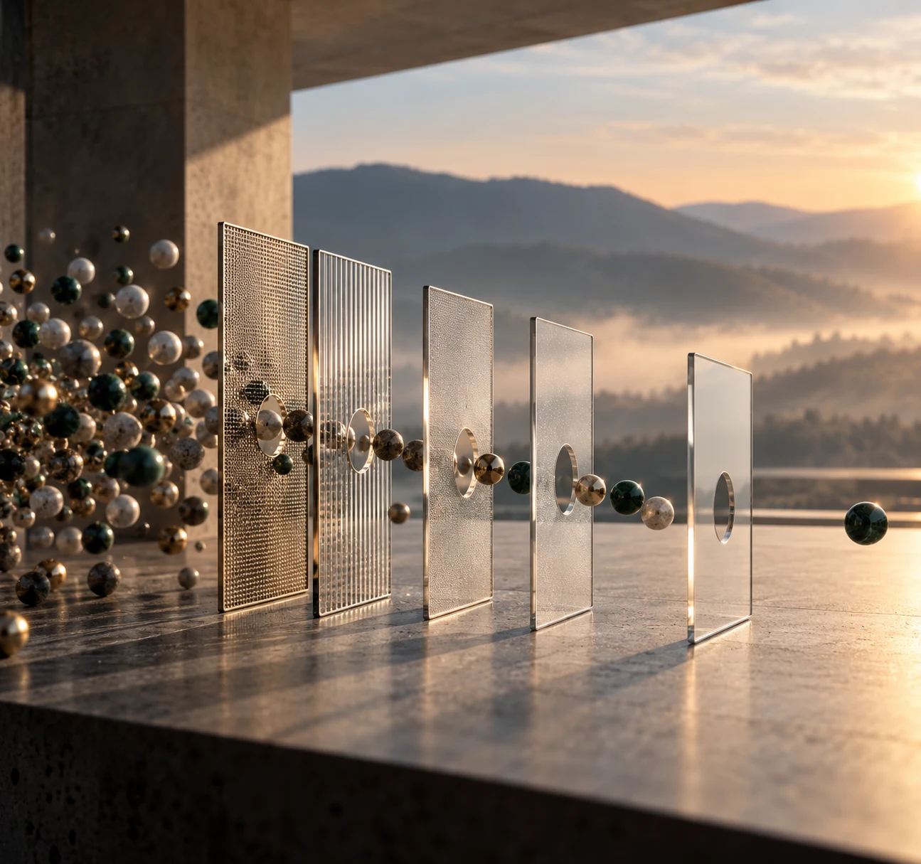 Spheres filtered through successive glass panels, a metaphor for screening