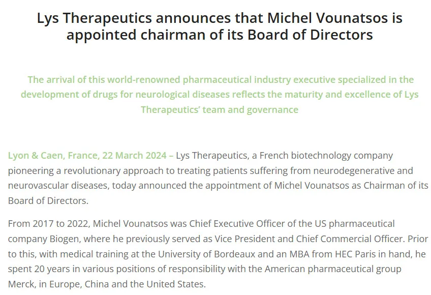 Michel Vounatsos, Chairman of the Board of Directors of Lys Therapeutics