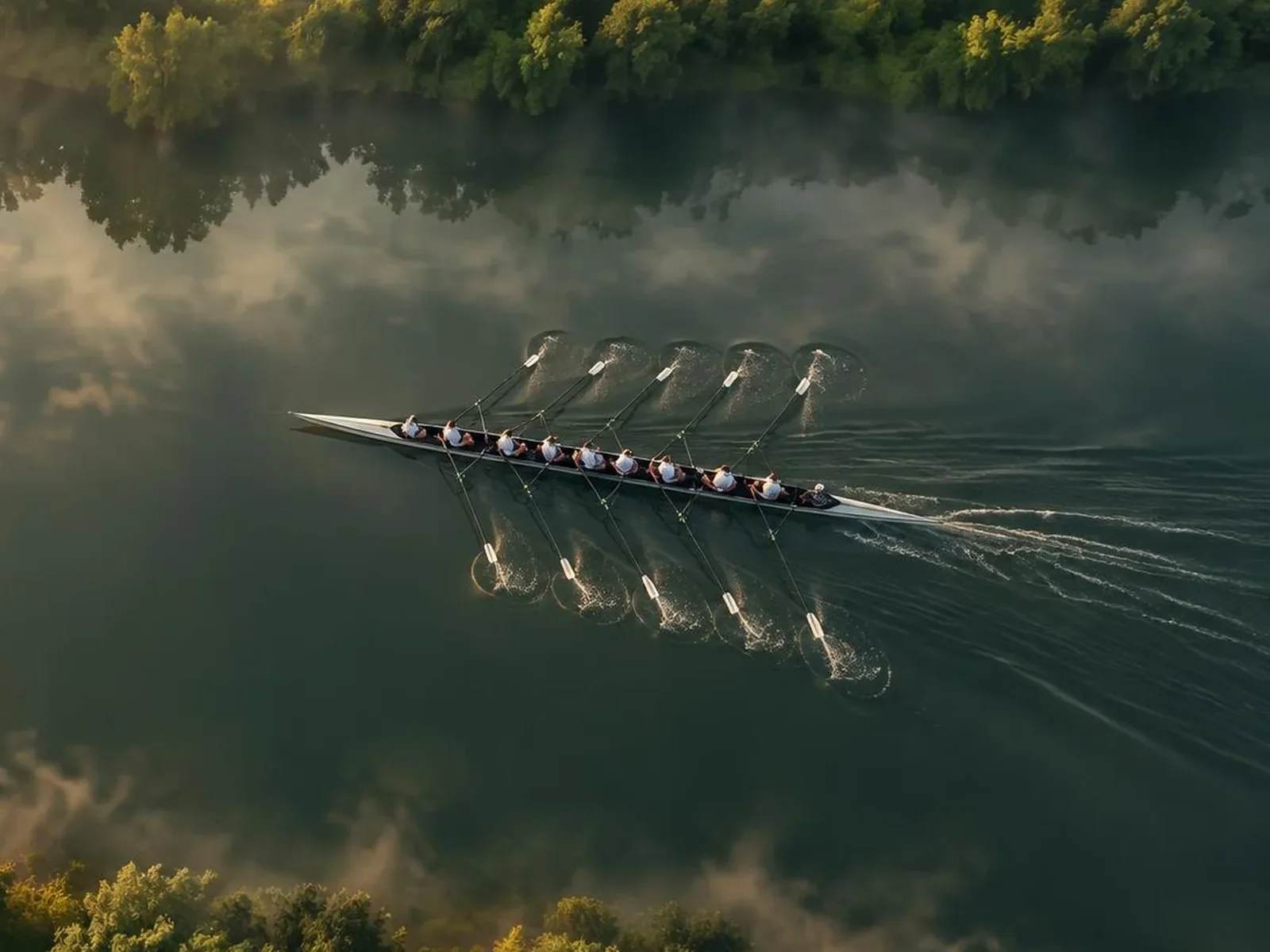 Rowing eight moving in sync on a calm river at sunrise