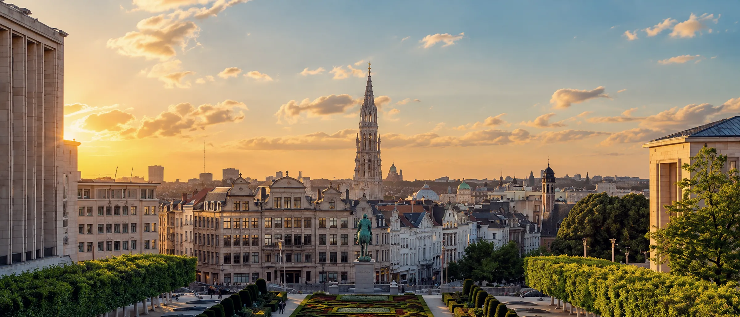 Brussels Mont des Arts and city hall spire at sunset