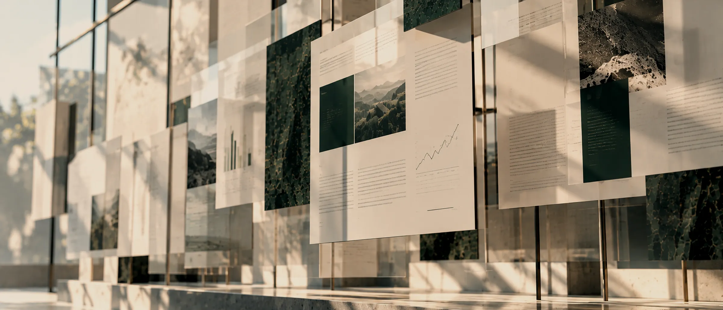 Panneaux suspendus avec documents, graphiques et paysages dans une lumière chaude