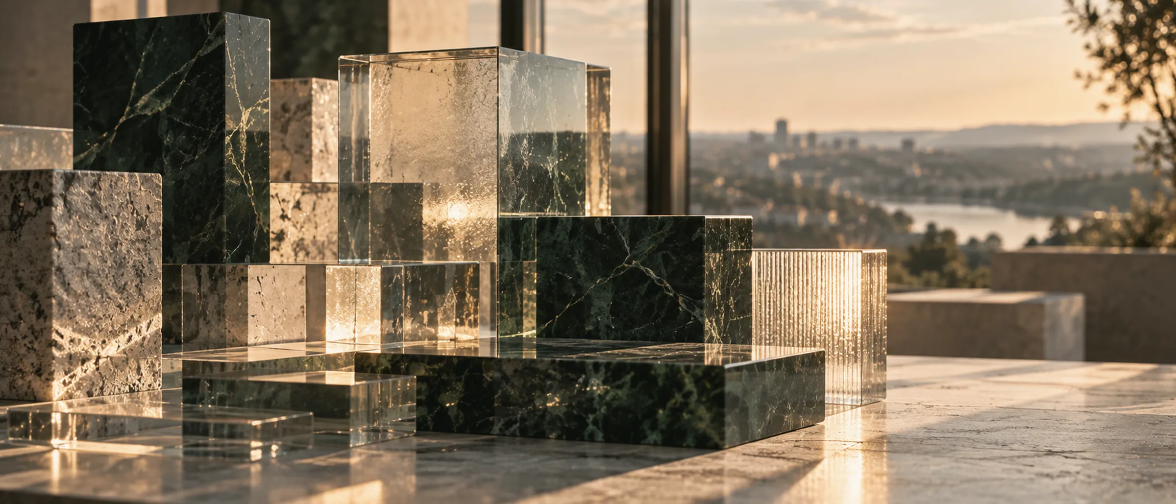 Green marble and glass blocks with a city view at sunset
