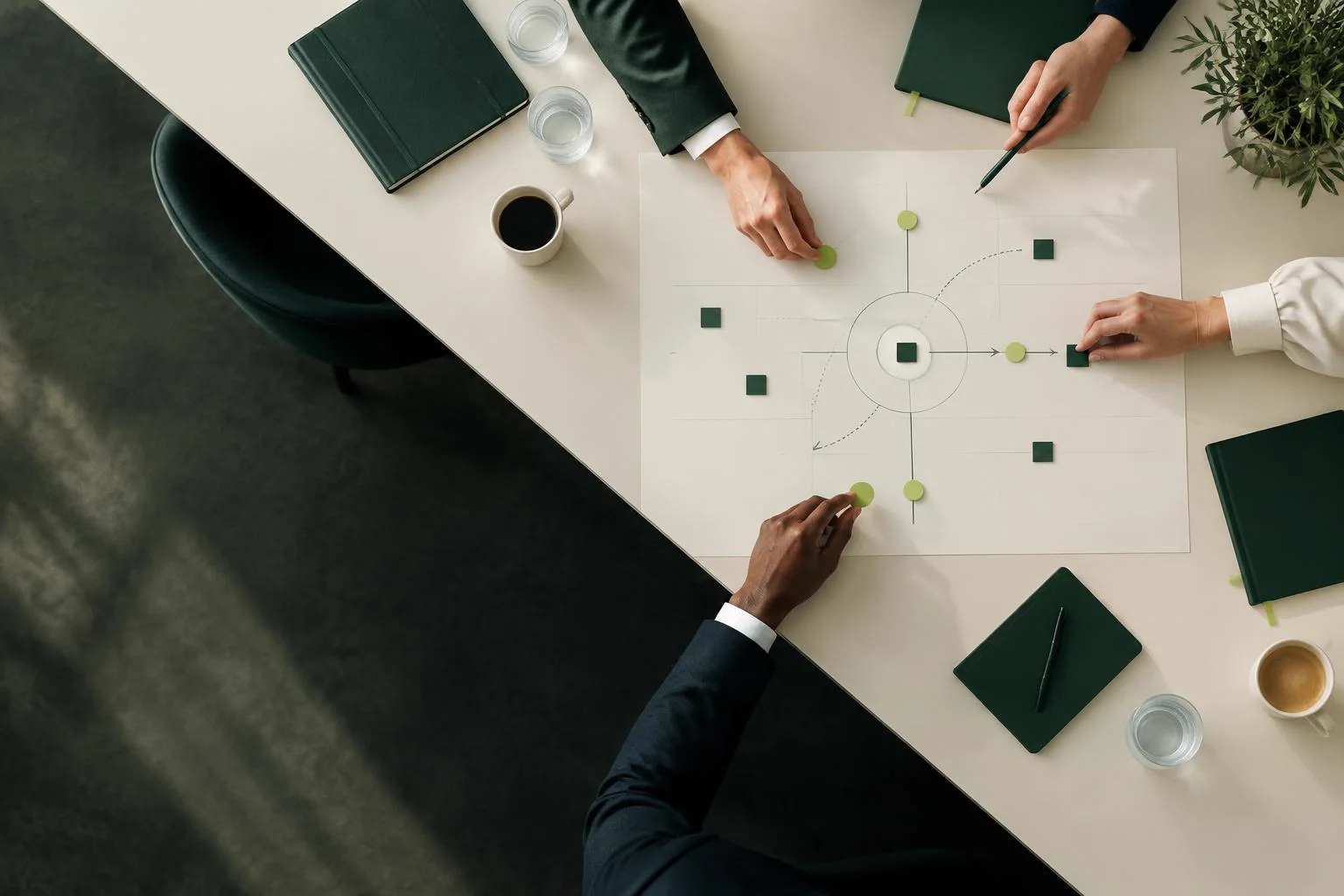 Board members moving decision markers across a strategic working diagram