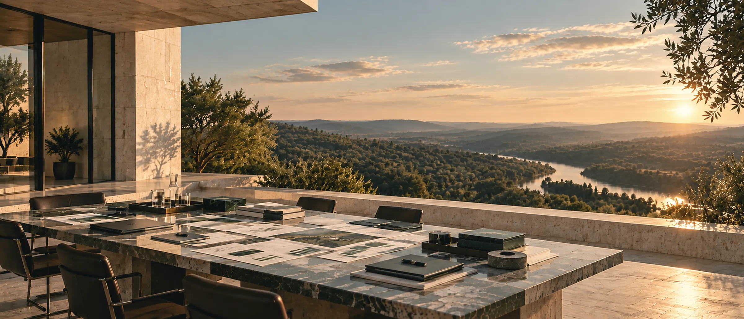 Table de réunion en terrasse avec des documents, surplombant une vallée fluviale au coucher du soleil